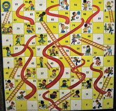 a board game with people on it and red lines going up the hill to each other