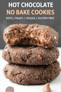 chocolate cookies stacked on top of each other with text overlay that reads, hot chocolate no bake cookies keto / palen / vegan / gluten free