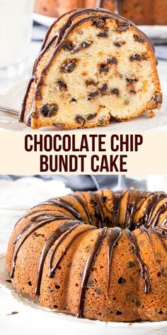 chocolate chip bundt cake on a white plate with text overlay that says chocolate chip bundt cake