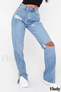 Fisdy - Pantalones vaqueros de cintura alta, rectos, rasgados, de color azul claro. Denim Style Casual, Color Jeans, Ripped Denim, Maxi Dresses Casual, Flared Jeans, Straight Pants, Jeans For Sale, Long Pants, Casual Jeans