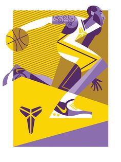 a man with a basketball in his hand on a yellow and purple abstract background poster