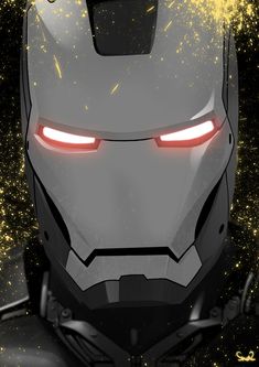 an iron man helmet with glowing eyes in front of some gold glittery stars and sparkles