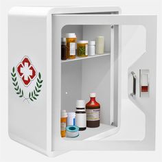 an open medicine cabinet filled with medical supplies