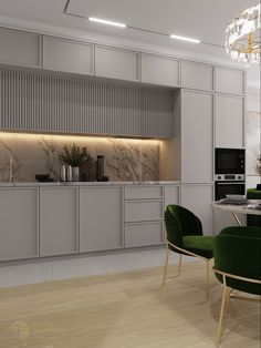 a modern kitchen with marble counter tops and green chairs in front of a white wall