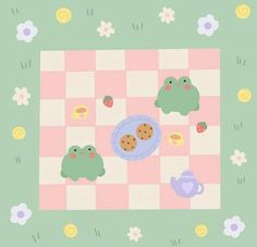 an animal themed rug with cookies and teapots on the ground in front of flowers