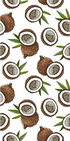 coconuts and leaves on a white background with green stems in the center, seamlessly