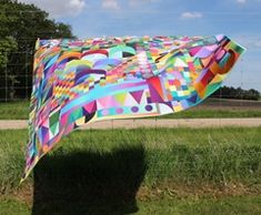 a large colorful kite sitting on top of a lush green field