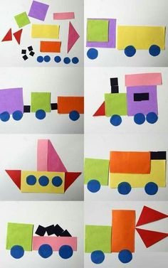 paper construction vehicles are cut out to make them look like trains