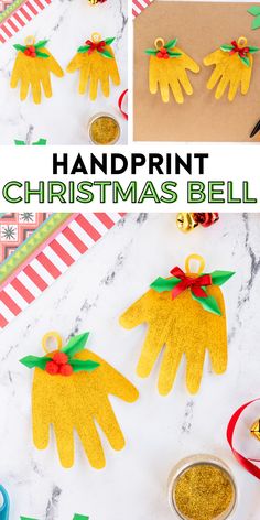 handprint christmas bell craft for kids with gold glitter and red ribbon on the hands