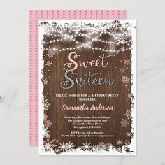 the sweet sixteen birthday party is set up with pink and white snowflakes on wood