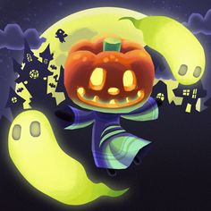 an animated halloween scene with pumpkins and ghost