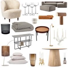 a collage of furniture and accessories including a couch, table, chair, coffee table, candle holders