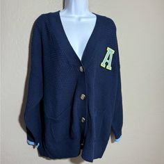 Cardigan Is New With Tags Button Up Front Navy Blue Varsity Letter A Size Large Navy Blue Cardigan Outfit, Blue Cardigan Outfit, Navy Blue Cardigan, Varsity Letter, Cardigan Outfits, Blue Cardigan, Letter A, Garment Bags, Jean Coat