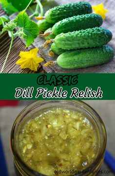 pickle relish in a glass jar next to cucumbers