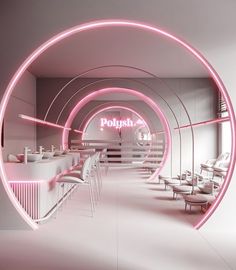 the interior of a restaurant with pink neon lights