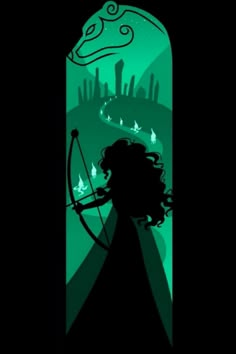 the silhouette of a woman with a bow and arrow in front of a cityscape