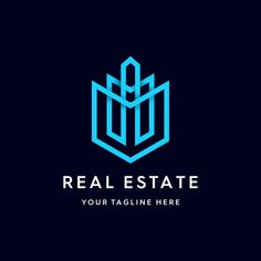 the logo for real estate is shown in blue on a dark background with white letters