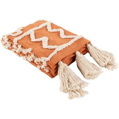 an orange and white throw with tassels on it's edges, sitting on a white background