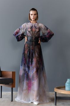 Long sleeves printed dress – HerTrove Satin Mermaid Dress, Lookbook Ideas, Summer Fashion Dresses Casual, Saiid Kobeisy, Sweet Dresses, Embellished Gown, Tulle Ball Gown, Silk Art, Maternity Gowns