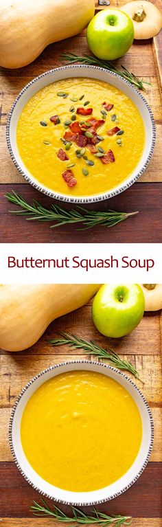 two bowls of butternut squash soup on a wooden table with an apple and pumpkin in the background