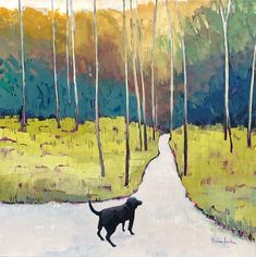 a painting of a black dog walking down a path