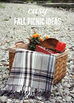 a picnic basket filled with food on top of a gravel ground next to a river