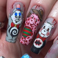 Horror Character Nails, Care Bear Nail Designs, Killer Klowns From Outer Space Nails, Trippy Nail Ideas, Scary Nail Designs, Casper Nails