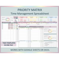 a workbook with the title priority matrx time management spreadsheet works with google sheets or excel