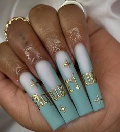 Aquarius Nails, Zodiac Nail Designs, Teal Acrylic Nails, Nails Summer Nails, Cute Acrylic Nail Designs, Dope Nail Designs, Long Square Acrylic Nails, Bling Acrylic Nails, Nails Summer