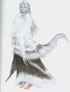 a drawing of a woman dressed in white and black with long, furry furs