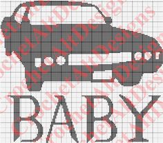 a cross stitch pattern with the words baby and a car in red, black and white