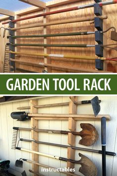 garden tool rack made out of pallets and wooden planks with text overlay that says garden tool rack