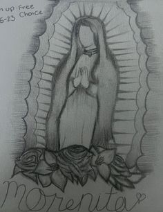 a drawing of the virgin mary with roses