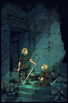 an image of two people in the dark with swords on their hands and one person kneeling down