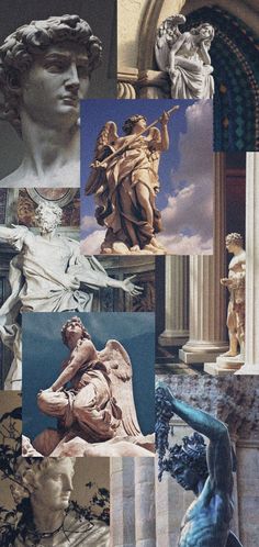 the collage shows many different statues and sculptures