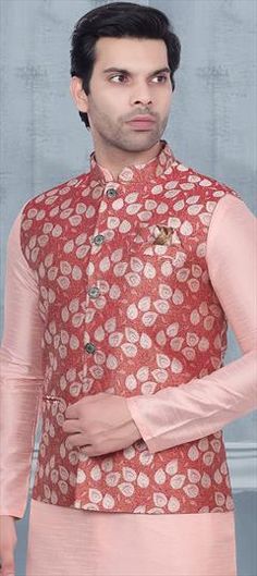 Red and Maroon color Nehru Jacket in Jacquard fabric with Weaving work Luxury Red Nehru Jacket For Formal Occasions, Luxury Red Nehru Jacket For Ceremonial Occasions, Luxury Red Nehru Jacket For Transitional Season, Nehru Jacket, Nehru Jackets, Wear Red, Maroon Color, Wearing Red, Jacquard Fabric