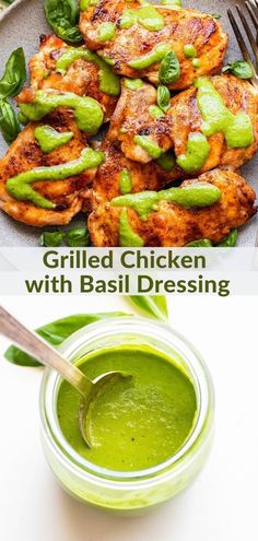 grilled chicken with basil dressing on a plate next to a bowl of green sauce