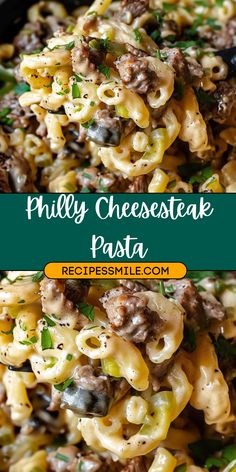 a close up of a plate of pasta with meat and cheese on it, next to the words phily cheesesteak pasta