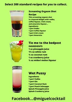 four different types of cocktails on a green background with the instructions for how to make them