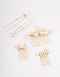 Elevate your bridal or event ensemble with this captivating set of gold-based pearl-accented combs and bridal pins. This set exudes charming sophistication, adding a chic touch to your special day or event. Material: Freshwater Pearl Dimensions: Length 47 mm x Width 85 mm | Lovisa Gold Pearl Cluster Mixed Combs & Bridal Pins Pack Pearl Hair Clip Wedding, Hair Clips Pearl, Mother Of Pearl Hair Clip, Baroque Pearl Hair Pin, Pearl Hair Comb, Pearl Cluster, Your Special, Bridesmaid Hair, Gold Pearl