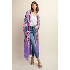 Add a pop of color to your wardrobe with this one-of-a-kind crochet duster! Crafted by hand with care, it exudes bohemian charm and features an open front design with playful, long fringes on the bottom hem. Model 5' 8" and wearing a Small Bohemian Spring Outerwear With Fringe, Long Cardigan With Tassels, Bohemian Spring Duster For Festival, Bohemian Spring Festival Duster, Spring Beach Cardigan With Fringe, Bohemian Beach Fringe Cardigan, Spring Purple Open Front Outerwear, Bohemian Fringe Outerwear For Summer, Purple Open Front Outerwear For Spring