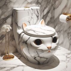 a white cat shaped urinal sitting on top of a counter next to a toilet