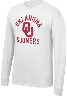 Show off your team pride in this Oklahoma Sooners White Number One Long Sleeve T Shirt! This Oklahoma Long Sleeve Tee features a screen print Oklahoma arched over team logo with Sooners below. Make sure everyone knows you root for the Sooners with this White Oklahoma T Shirt. Boomer Sooner! Varsity Cotton Top For Football Season, Collegiate Cotton Tops For Football Season, Long Sleeve Cotton T-shirt With Team Name, Collegiate Athletic Heather Tops For Game Day, Collegiate Athletic Heather Tops For Fan Gear, Athletic Heather Tops With Logo Print For Fans, Collegiate Style Tops In Athletic Heather For Game Day, Collegiate Long Sleeve T-shirt For Football Season, Jersey Fan Apparel Top With Letter Print