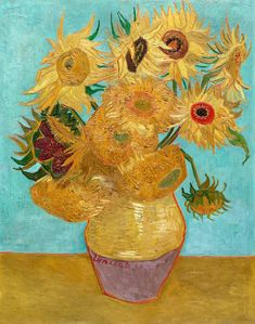 a painting of sunflowers in a vase on a table