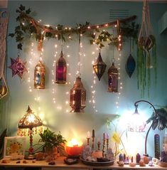 a table topped with lots of lights and decorations