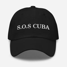 a black hat with the word sos cuba printed on it, in white letters