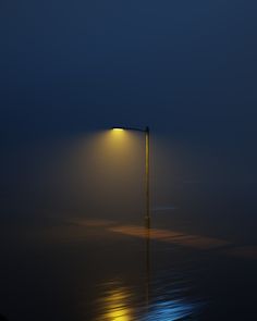 a street light sitting on top of a body of water under a foggy sky