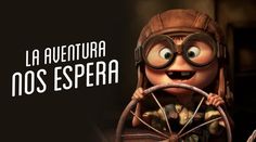 an animated character holding a steering wheel with the words la aventura nos espera