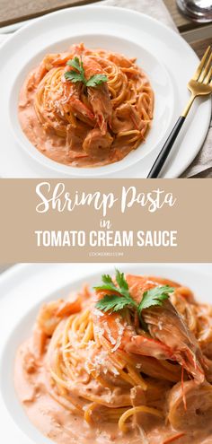 shrimp pasta with tomato cream sauce on a white plate