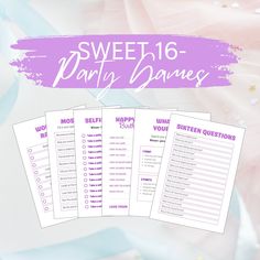 the sweet 16 party dances checklist is shown with pink and purple confetti